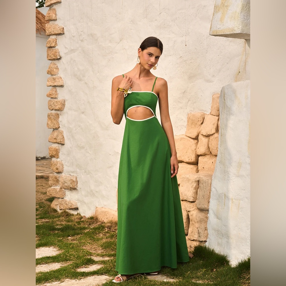 Commense Emerald Green Backless Midi Dress with White-Trim Bow - Picture 2 of 9